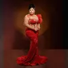 African Arabic Plus Size Aso Ebi Prom Dresses Mermaid Red Illusion Beading Formal Evening Dresses Elegant for Black Women Birthday Party Gowns Reception Gowns NL227