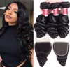 Malaysian loose wave human hair bundles with closure Remy hair bundels with Swiss lace clousres weaving for women natural black lo2201691