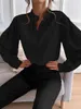 Blusas femininas elegantes primavera e outono moda meia gola aberta manga comprida solta camisa casual único breasted escritório