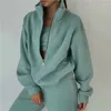 Calças femininas de duas peças muyogrt mulheres sólido casual tracksuit zíper moletom e longo 2 peças conjunto outono feminino gola streetwear