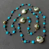 Halsband Y.ying Natural White Coin Pearl Blue Turquoise Lapis Coin Shape Facettered Lapis Rosary Chain Long Necklace 35 "