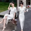 Two Piece Dress Chinese Style Crop Top And Mid Pencil Skirts Women Fashion Outfit Summer 2024 Short Sleeve Club Party Matching Set