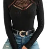 Women's T Shirts Clothing Solid Color Lace Eyelet Embroidery Hollow-out Crochet Top Spliced Slim Autumn Fashion