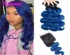 Indian Virgin Hair 1B Blue Ombre Human Hair Body Wave Bunds med 4x4 spetsstängning Mellan tre delar Hårförlängningar 1028Q9268832