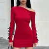 Sıradan Elbiseler Xingqing Peri Grunge Mini Elbise Y2K Estetik Kadınlar Omuz Kapalı Uzun Kollu Bodycon Bow Akşam Partisi