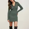 Casual Dresses Temperament Solid Colors Tight Stretch Dress Women's Fashion V Neck Slim Fit Ribbed Elegant Office Lady Long Sleeve