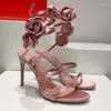 Sandaler Summer Women's Thin High Heel Rose Blossom Fashion Silver Sules Wedding Party Dress