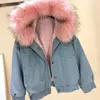 Frauen Jacken Samt Dicke Denim Mit Kapuze Jacke Weibliche Winter Große Pelzmantel Streetwear Kurze Casual Parka Warme Oberbekleidung