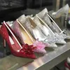 Yüksek Topuk Ana Düğün Ayakkabıları Kristal Ayakkabılar Kadın Ayakkabıları Rhinestone Gelinlik Kırmızı Düz ​​Fransız Nedime Ayakkabı 240102