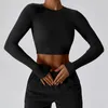 Camicie attive Girocollo a costine Cropprd Maglietta da palestra Top corto leggero di base Vestibilità slim Manica lunga Allenamento Abbigliamento donna Fitness