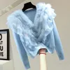 Women's Knits Furry Fur Patchwork Ruffled V-neck Sweater Coat Women 2024 Autumn Winter Korean Fashion High Waist Short Cardigan Casual