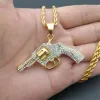 Hip Hop lodowe CZ Bling Revolver Pistol Pistol Naszyjnik dla mężczyzn 14K żółte złoto hiphopowe biżuteria