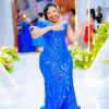 African Nigeria Plus Size Aso Ebi Prom klänningar Blue Mermaid spets en axelkväll Formell klänning för speciella tillfällen födelsedagsfestklänningar engagemang klänning nl250