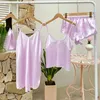 Women's Sleepwear Summer V-Neck Pajamas For Women Yellow Ruffles Satin Sexy Nightwear Pyjamas Comfy Elastic Waist Loungewear Nightgown