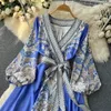 Spring and Autumn Navy Blue Women's Long Skirt Elegant Notch Print Bohemian Women's Evening Dress Party Dress Long Sleeves Luxury and Unique 240102