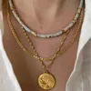 チョーカーギリシャの天然半貴重な宝石ビーズムーンライトストーンパターングリーンウォーターウェーブチェーンスタームーンラウンドネックレス女性のためのネックレス