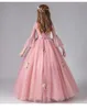 Vestidos de menina renda rosa crianças dama de honra flor para festa de casamento alargamento manga pageant vestido de princesa primeira comunhão vestido