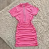 Casual klänningar Elegant Autumn Winter Pink Zipper Bodycon Dress Women 2024 Turtleneck Slim Ribbed Sticked Short Sleeve Mini Vestido