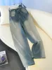 Dżinsy damskie oiinaa niebieskie workowate kobiety y2k wysokim talią szeroką nogawkę Contrast kolor koronki koreańskie proste spodnie