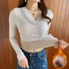 Women Thermal Underwear Velvet Long Sleeve T-Shirt Winter Clothes Thick Knittied V-Neck Lace Bottomed Thermo Blouse 231229