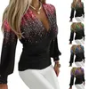 Camicette da donna Top sexy con scollo a V profondo Camicetta con strass di colore sfumato Camicia attillata in vita a pieghe Manica lunga Office Lady Slim Fit