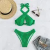 Women's Swimwear Halter Cross Underwire Bikini Set 2024 Women Sexy Solid Green Push Up High Waist Swimsuit Beach Bathing Suit