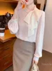 Kvinnors blusar Bow Satin Shirt Spring Autumn Clothing 2024 High-End Long Sleeve Youthful Nooking Office Lady Apricot Blus