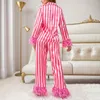 Kvinnors sömnkläder randig tryckning Kvinnor Ice Silk Long Pants Pyjamas Fashion Feather Feather Byxor Lossa Two Piece Button Home Suit