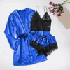 Pigiama in raso di seta da donna pigiama set 3 pezzi Lingerie pizzo floreale ricamo tinta unita vestaglia pigiama da notte indossa