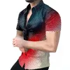 メンズシャツのファッションストライププリント半袖Tシャツ夏の男性ターンダウンカラーボタンカジュアルブラウス衣類240102