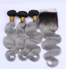 1BGrey Ombre Peruanisches Reines Haarbündel Angebote 3 Stück mit Verschluss Körperwelle Ombre Silbergrau Echthaar Tressen mit 4x4 Spitzenverschluss7043972