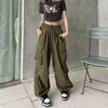 Calças femininas hip-hop reta solta cintura alta multi bolso casual cordão calças largas vintage sweatpant
