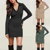 Casual Dresses Temperament Solid Colors Tight Stretch Dress Women's Fashion V Neck Slim Fit Ribbed Elegant Office Lady Long Sleeve