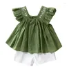 Ensembles de vêtements 2 à 8 ans 2024 Été Enfants Vêtements Filles Mode Broderie Blouses Florales Shorts 2pcs Costume Tenues Vert Blanc