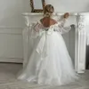 lovely White Lace Appliques Puffy Sleeves Flower Girl Dresses For Wedding 2024 Princess Tulle Ball Gown First Communion Gowns