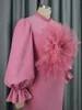 Abiti taglie forti Mini abito rosa da donna con grande fiore rosa collo alto manica lunga aderente cocktail abiti corti party wedding clubwear