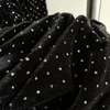 Vestidos casuales Diseñador de lunares Vestido negro ajustado Mujeres Cuello cuadrado Pajarita Rhinestone Terciopelo Mini Ropa de gama alta