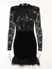 Casual Dresses Mozision Lace Print See Through Sexy Mini Dress Women Autumn Winter Half High Collar Sheer Long Sleeve Bodycon Party