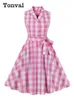 Casual Dresses Tonval Pink Gingham Bomull för kvinnor hackad krage-knapp upp ärmlös sommar A-line 50-tal rockabilly vintage klänning
