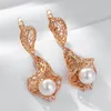 Pendientes colgantes Kinel de lujo 585 Color oro rosa gran gota para mujer accesorios de perlas de flores huecas únicas joyería de Boda nupcial