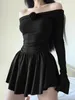 Casual Dresses Sexy Mini Women Bodycon Slash Neck Dress Female Elegant Flare Sleeve Black Ladies Floral Ruffle Pleated Vestidos