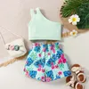 Kläderuppsättningar 2024 Summer Child Clothes Sleeveless Single Shoulder Print Floral Green 2 Piece Designer Girls 2-7T