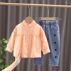 Kleidung Sets Mädchen Modische Herbst Anzug 2024 Koreanische Mode kinder Tragen Mädchen Baby Hemd Jeans Zwei Stück Set