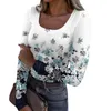 Women's T Shirts Fashion Slim Bottom T-shirt Casual Retro Floral Print U-Neck Pullover Långärmad topp officiell butik Ropa de Mujer