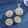 Necklace Earrings Set Luxury Yellow Citrine Zircon Pendant Stud Adjustable Ring Women Jewelry