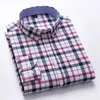 Camisas casuais masculinas Oxford camisa de algodão com listras xadrez bolsos de manga comprida estilo regular botão até tamanho S-7XL
