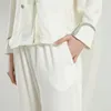 Kvinnors sömnkläder Spring Autumn Trouser passar French Style Female 2st Pyjamas Set V-hals Vit Home Wear Loose Casual Satin Loungewear