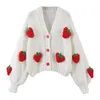 Kvinnors stickor Kawaii 3D Strawberry broderad kofta tröja Lossa bekväm långärmad långvarig päls Coat Fashion Warme Streetwear