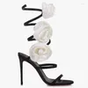 Sandaler Summer Women's Thin High Heel Rose Blossom Fashion Silver Sules Wedding Party Dress