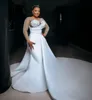 2024 Sirena Abito da sposa da donna con strascico staccabile Illusion Neck Perline Cristalli Abiti da sposa in raso Arabo Aso Ebi Abiti da Noiva Robe De Mariee